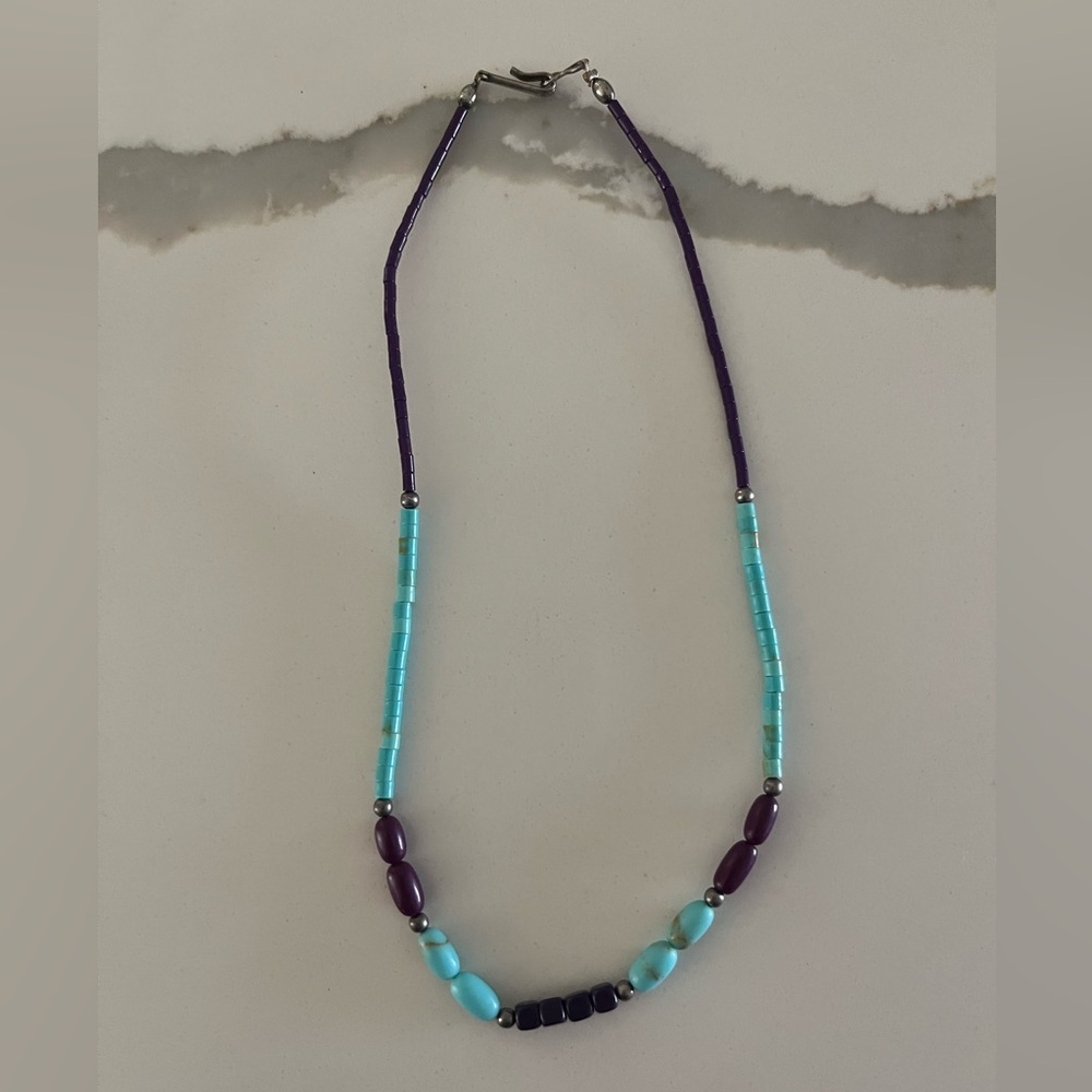 Turquoise and purple wood bead necklace